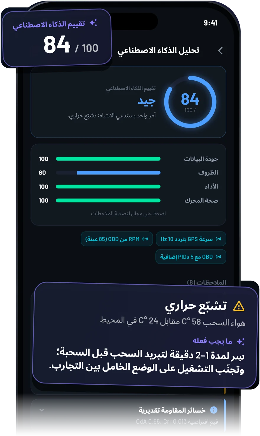تحليل الذكاء الاصطناعي في UstaDyno بتقييم 84 وملاحظة تشبّع حراري