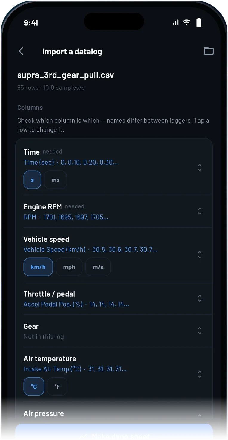 UstaDyno datalog import screen matching time, rpm and speed columns