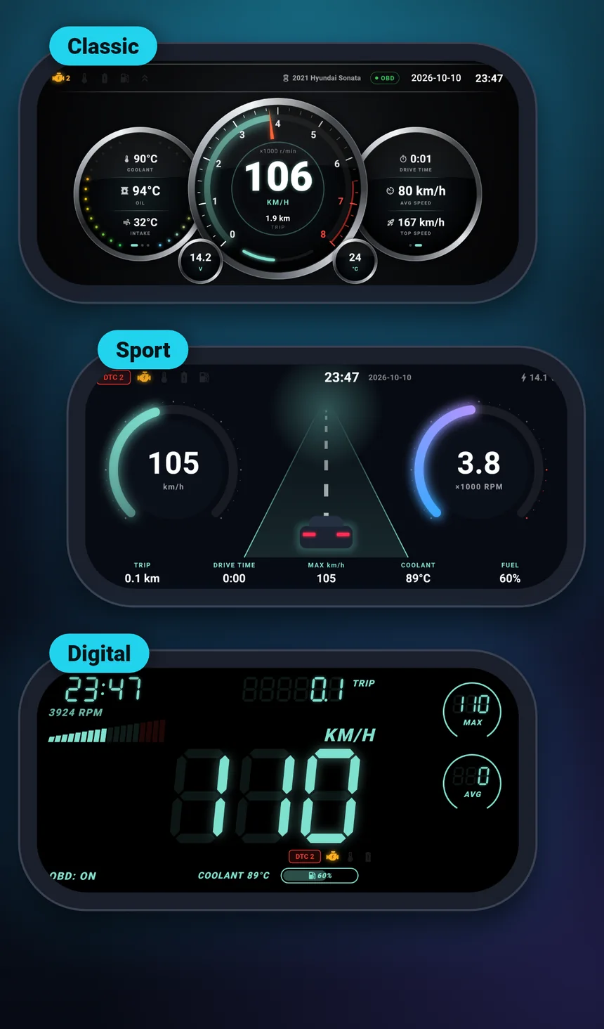Three UstaScan head-up display styles: Classic, Sport and Digital