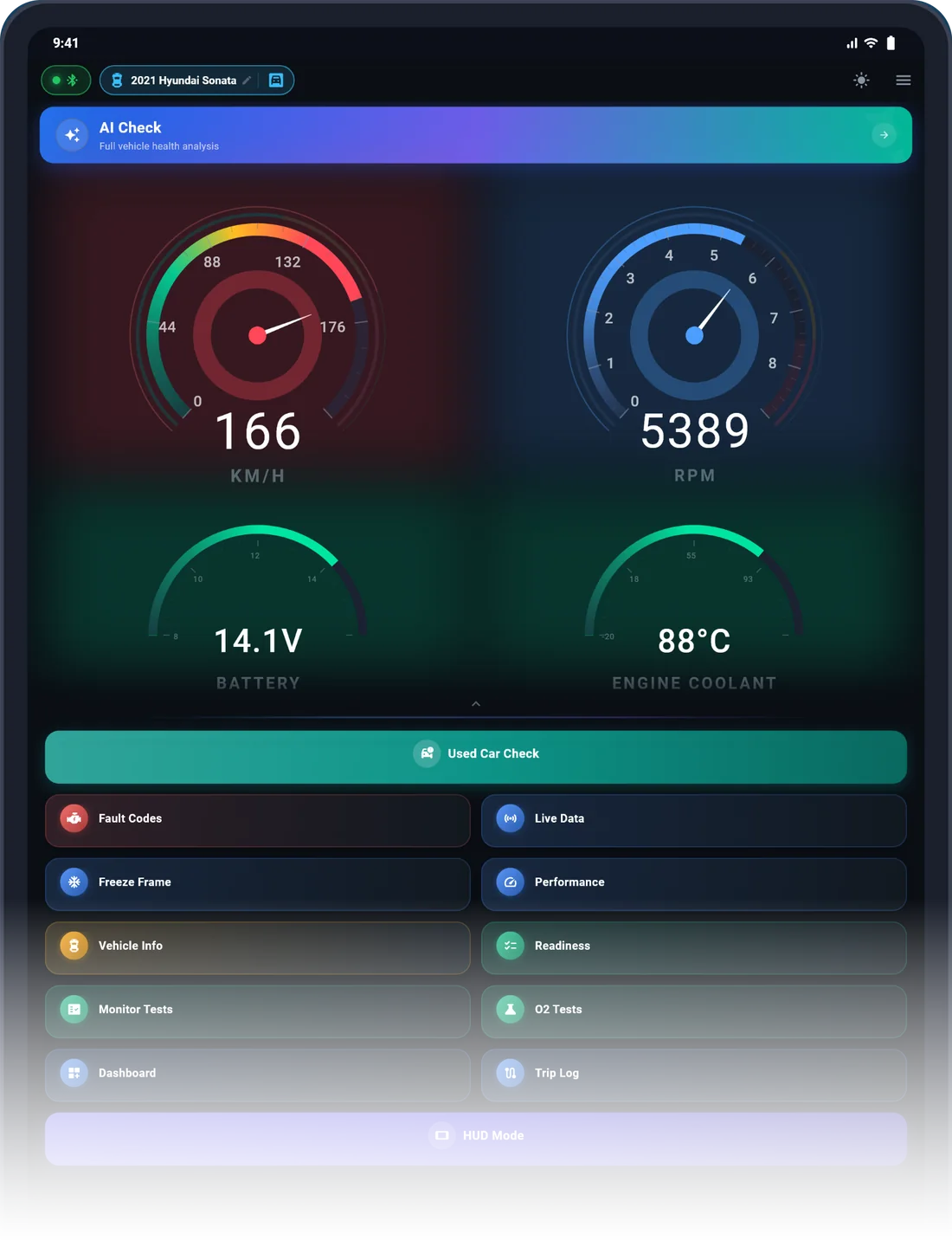 UstaScan home screen with live gauges on an iPad