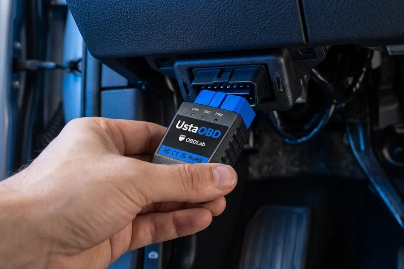 A hand plugging UstaOBD into the OBD2 port under a car's dashboard