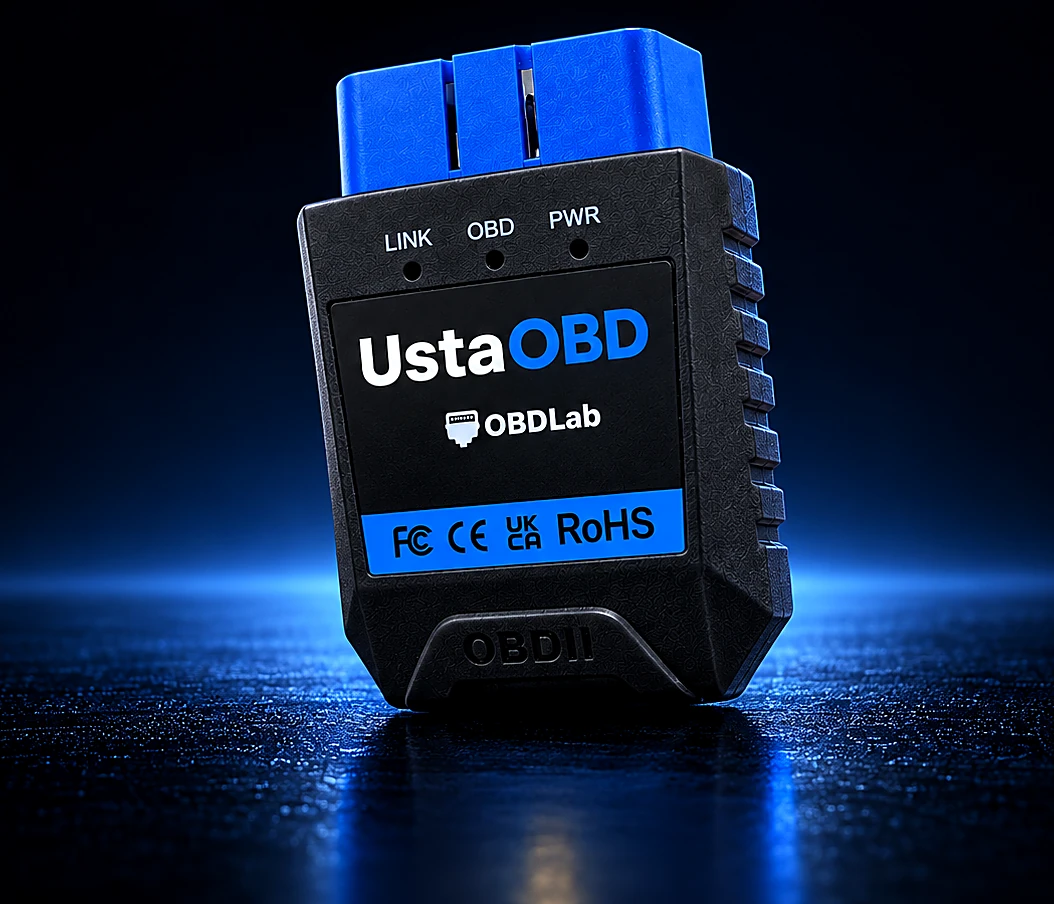 UstaOBD adapter by OBDLab, with LINK, OBD and PWR status lights